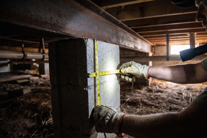 A tape measure held against a concrete block pier under a manufactured home